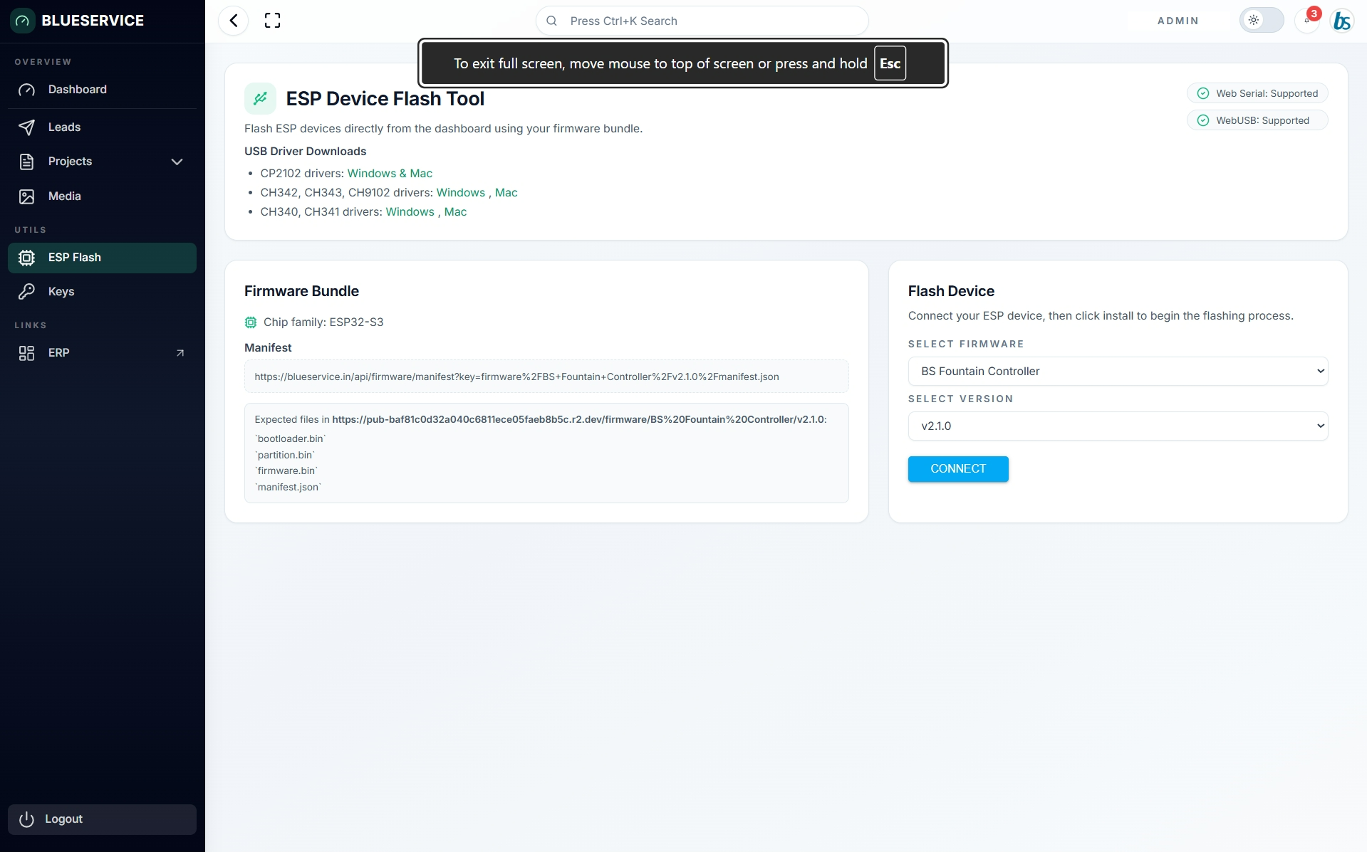 Blue Service ESP firmware flash tool