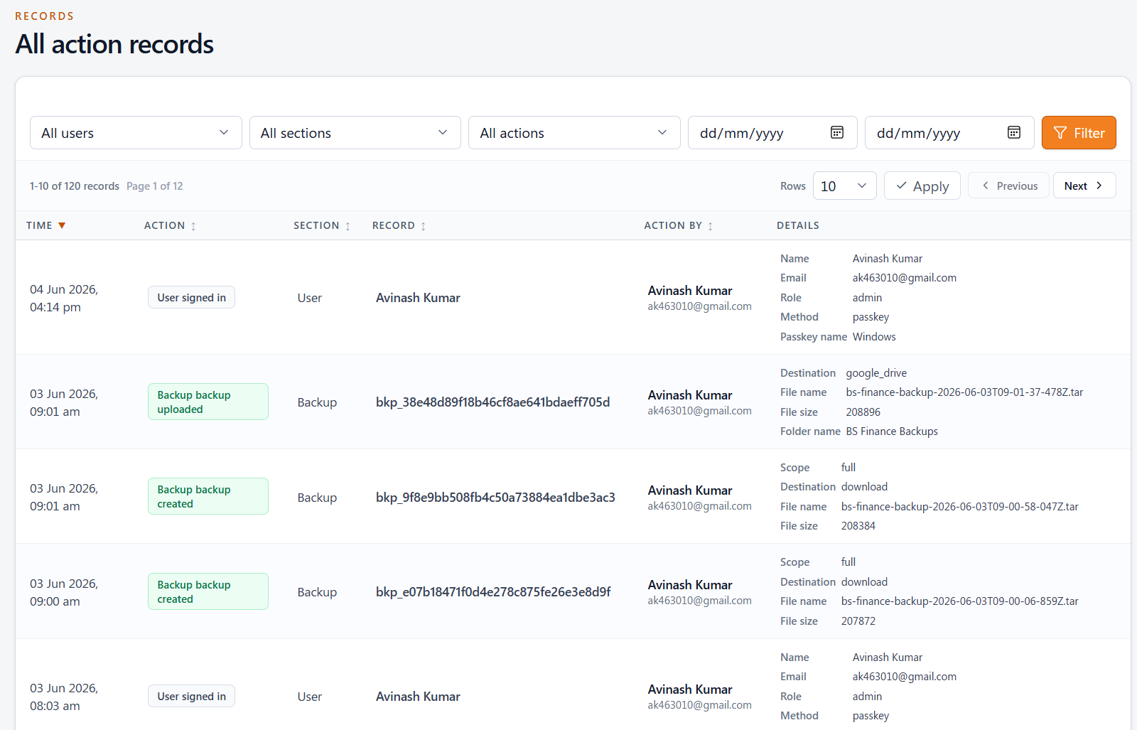 BS Finance records and activity logs screen