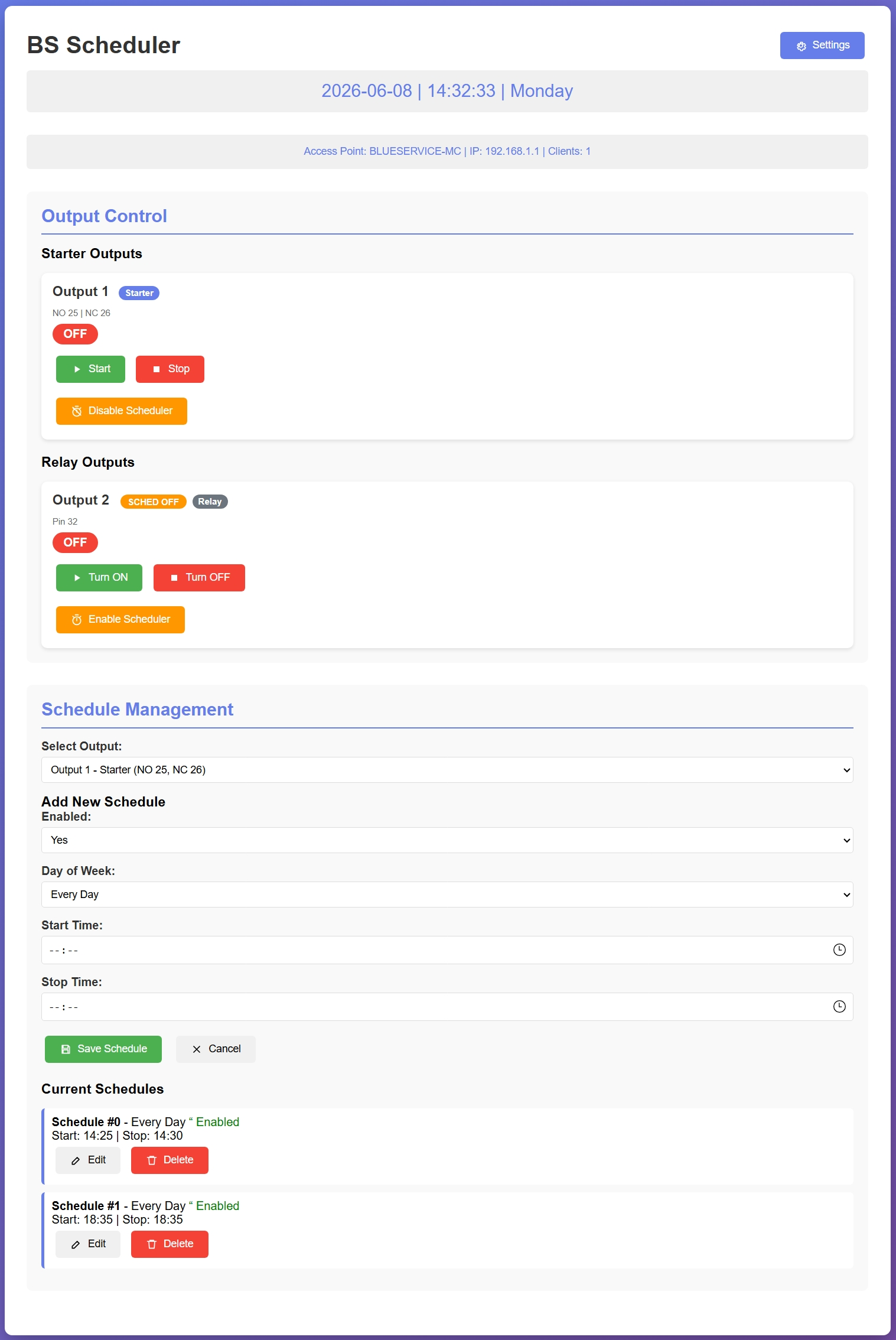 BS Scheduler dashboard interface