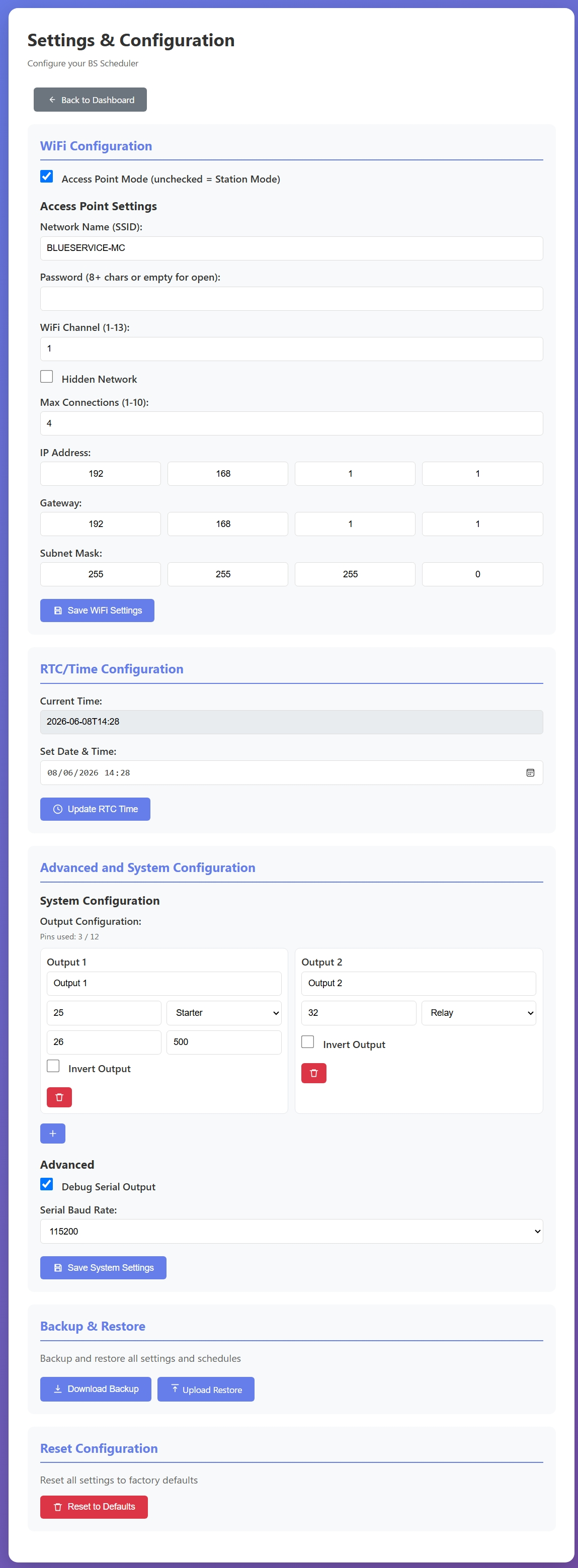 BS Scheduler settings and output configuration