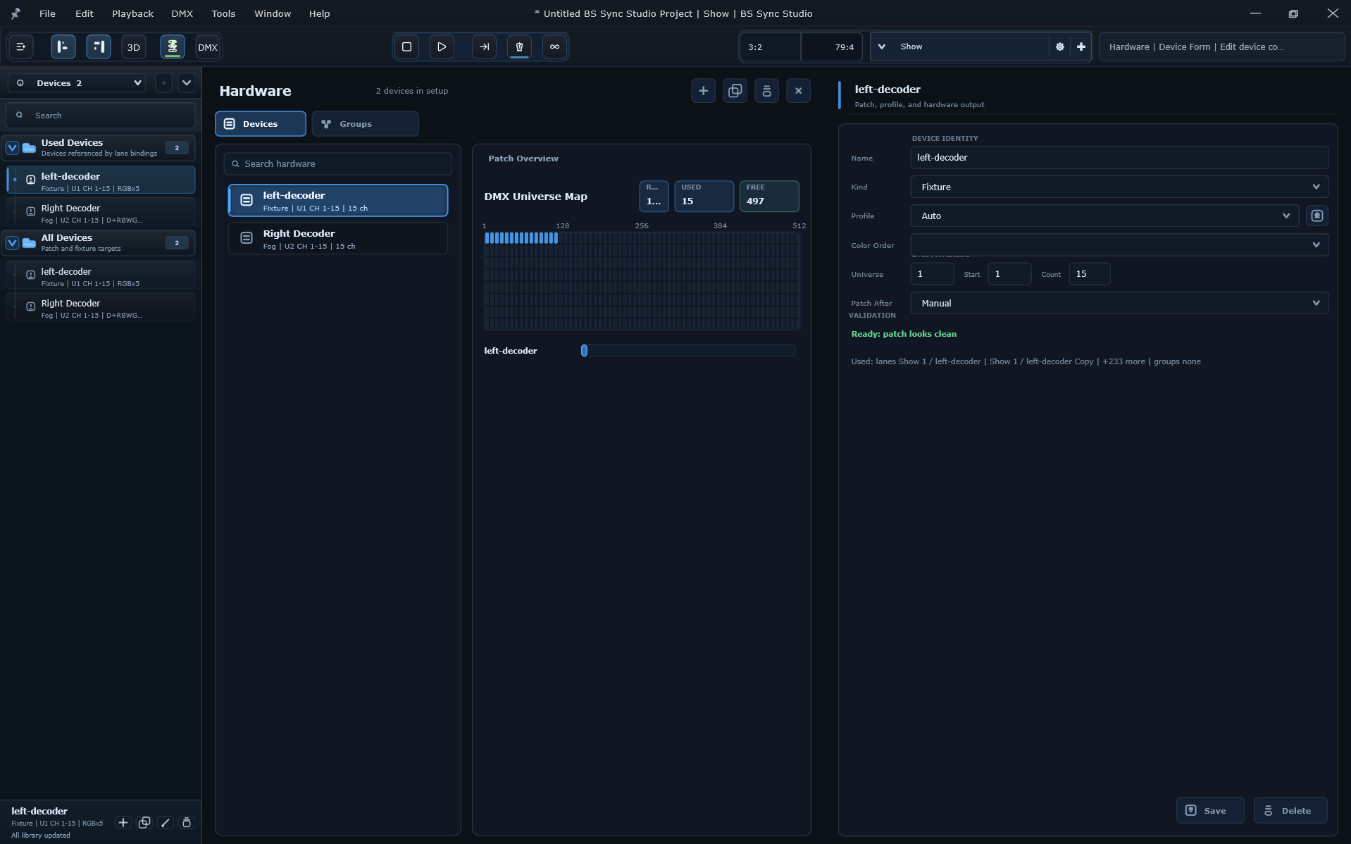 Setup targets and hardware configuration screen