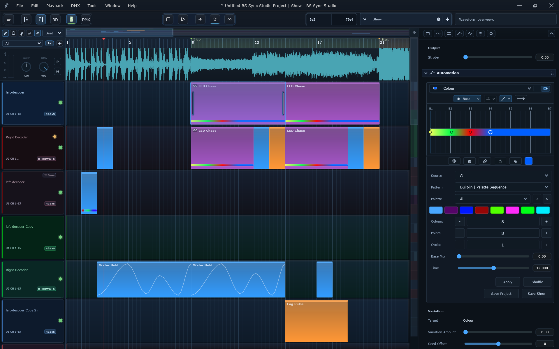 Timeline editor with lanes clips markers and audio timing