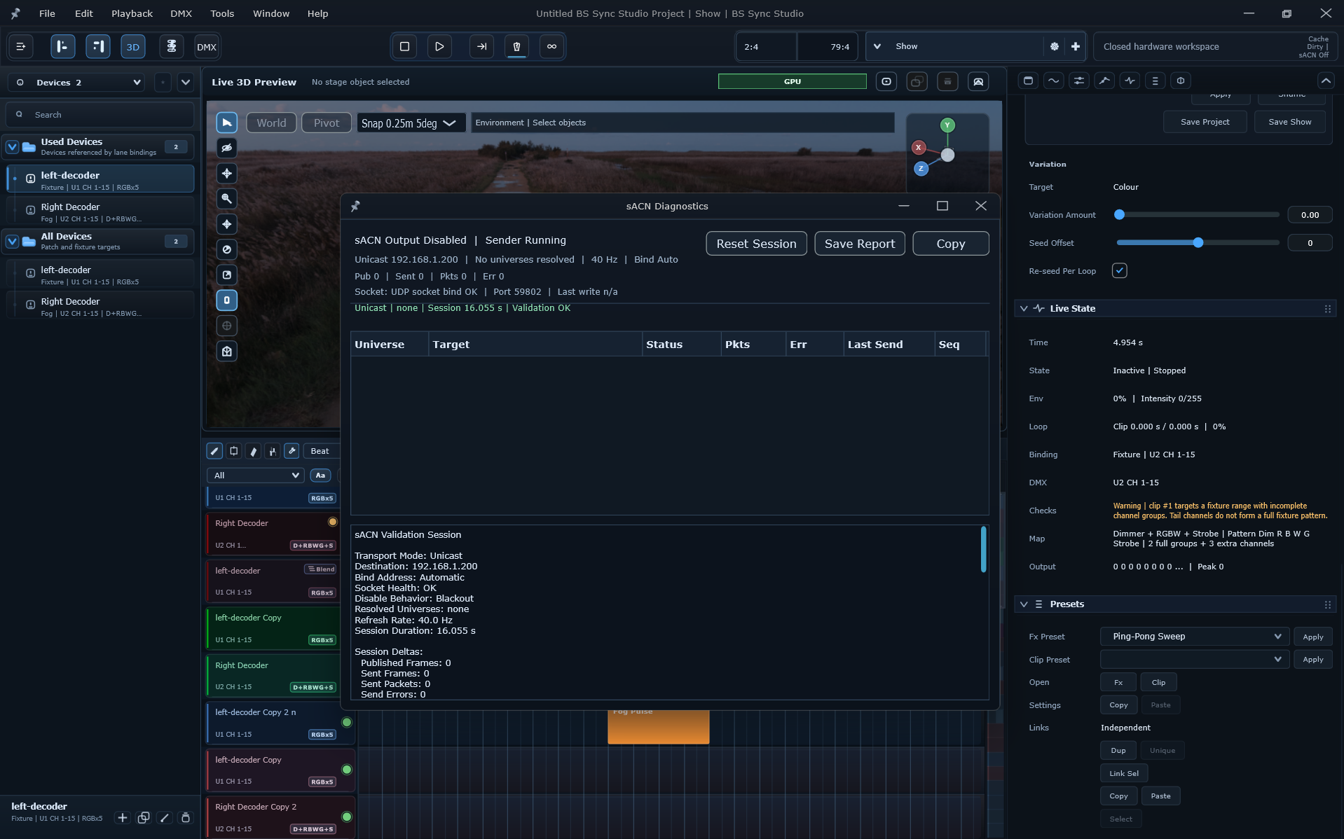 sACN diagnostics window