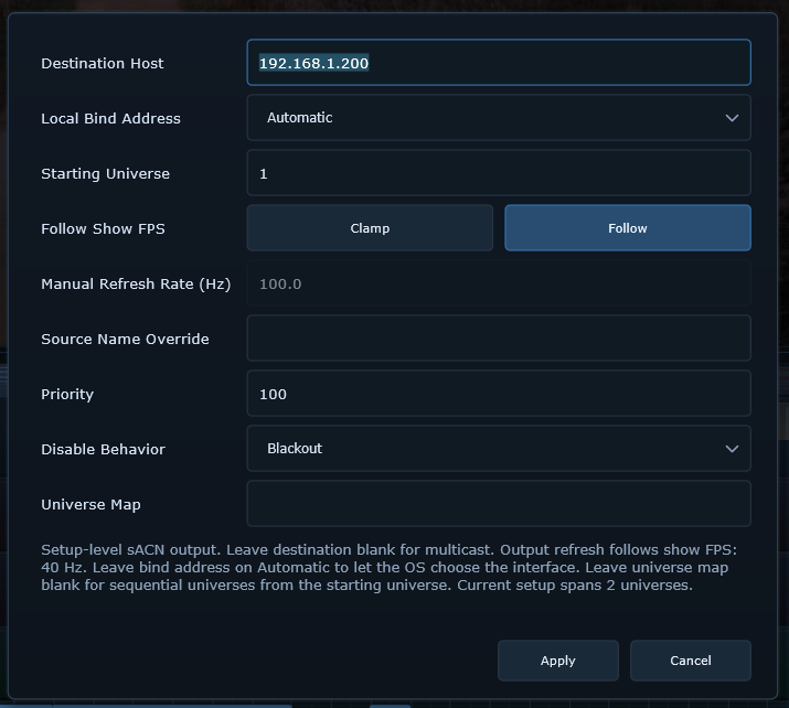 sACN output settings panel
