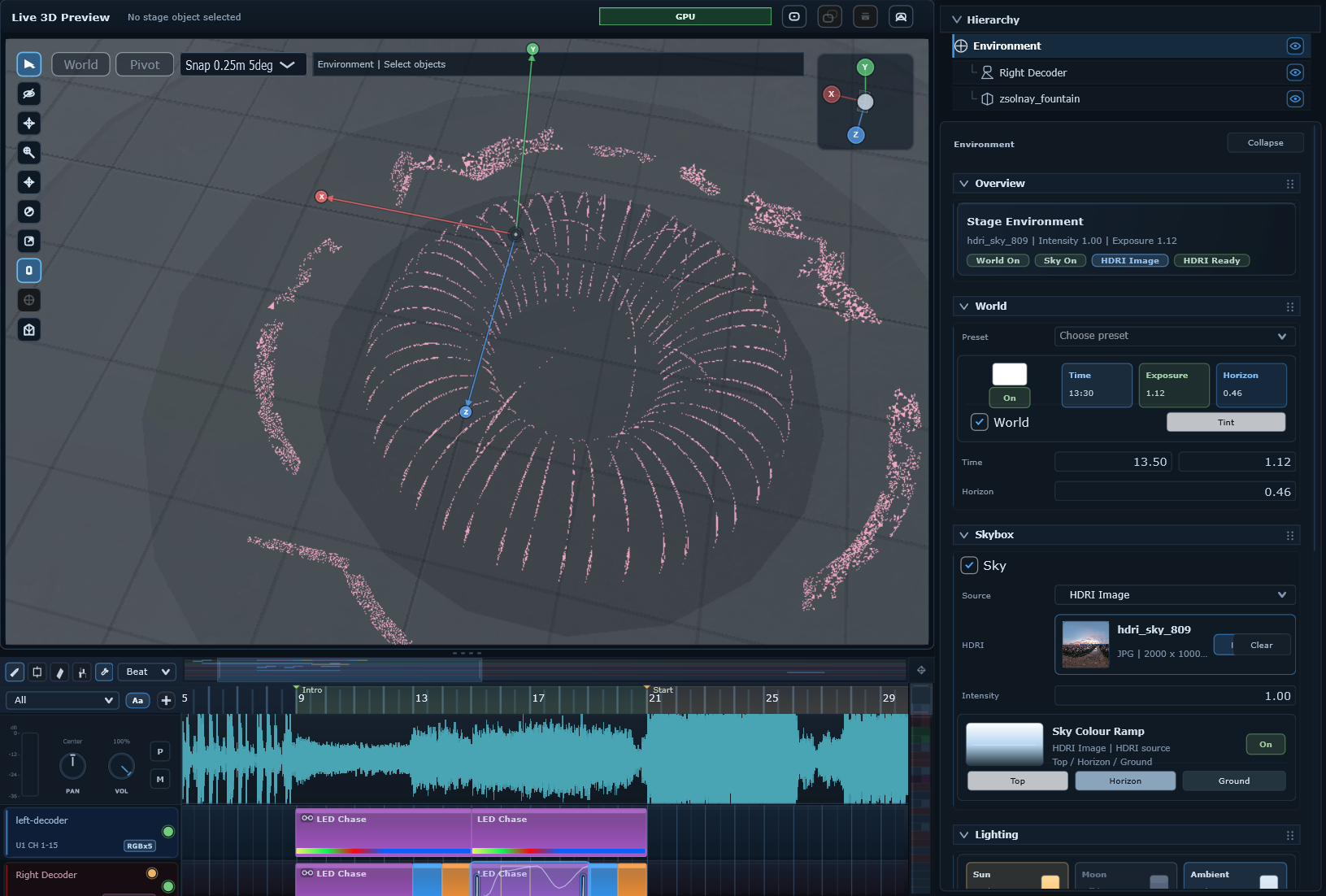 Stage inspector for editing selected stage object and fixture visuals